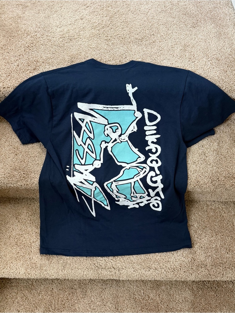Stussy Navy Short-Sleeve Graphic Tee with Teal and White Print